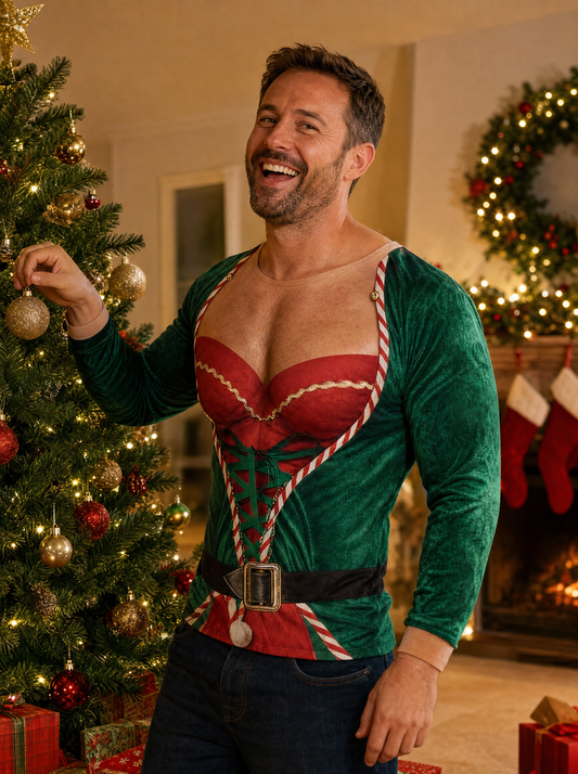 Naughty Elf Sweatshirt worn while decorating the Christmas tree